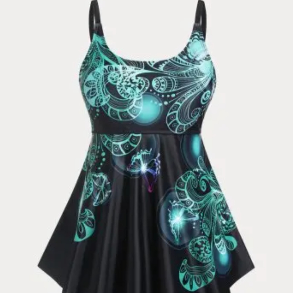 Rosegal Black and Teal Patterned Women's Swim Top Size Large